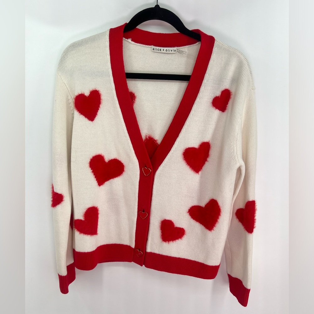 Alice + Olivia Bradley Intarsia White Red Heart VNeck Wool Blend Cardigan XS - Picture 8 of 14